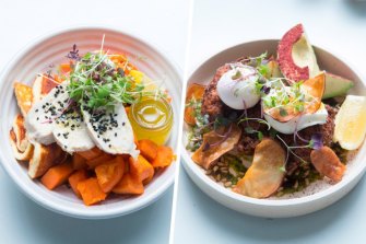 Ancient grains, sweet potato, kimchi, haloumi and chicken; haloumi, green cabbage and zucchini fritters at Terror Twilight in Collingwood.
