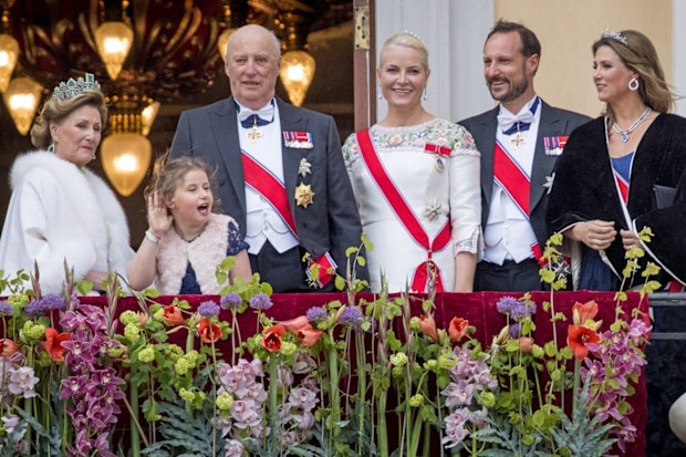 Queen Sonja, King Harald, Emma Tallulah Behn, Crown Princess Mette-Marit, Crown Prince Haakon and Princess Martha Louise on May 9, 2017.
