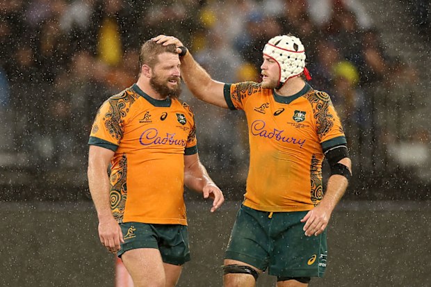 James Slipper of the Wallabies is congratulated by Fraser McReight as he leaves the field for the final time.