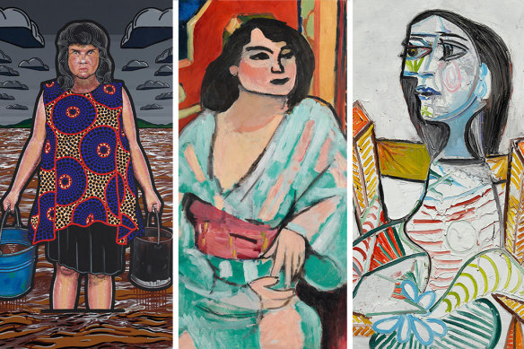 From left: Blak Douglas’s Moby Dickens, Henri Matisse’s Algerian woman (L’Algérienne) and Picasso’s Portrait of a Woman. 