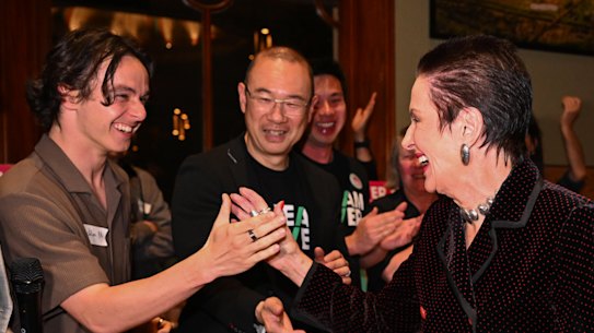 Clover Moore celebrates her victory on Saturday night.