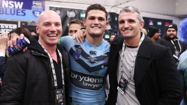 Ash (left) with nephew Nathan Cleary and brother Ivan Cleary after the halfback's State of Origin debut in 2018.