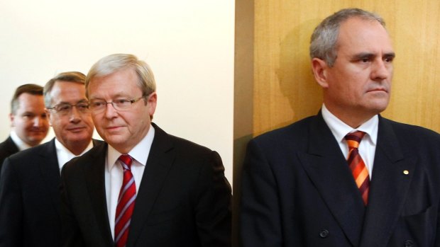 Ken Henry, right, Kevin Rudd and Wayne Swan at the release of Henry’s tax reform paper in 2010. Key elements of the package contributed to the end of Rudd’s first term as prime minister.