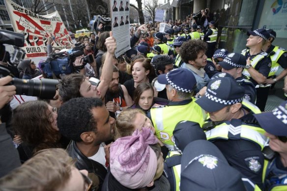 Student clashes at Melbourne University in protest over higher education reforms in 2014.