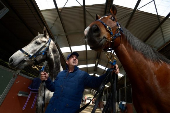 Mark Kavanagh with retired racehorses Forward Lane and Maldivian.