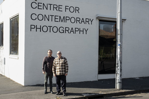 Daniel Boetker-Smith (left), director of the Centre for Contemporary Photography, with artist Patrick Pound at the centre’s recently closed building in Fitzroy. 
