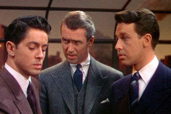 Farley Granger, James Stewart and John Dall in Alfred Hitchcock's Rope (1948).