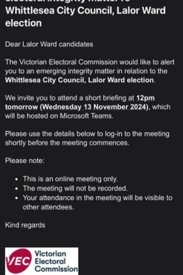 The email to candidates in Whittlesea regarding an integrity briefing.