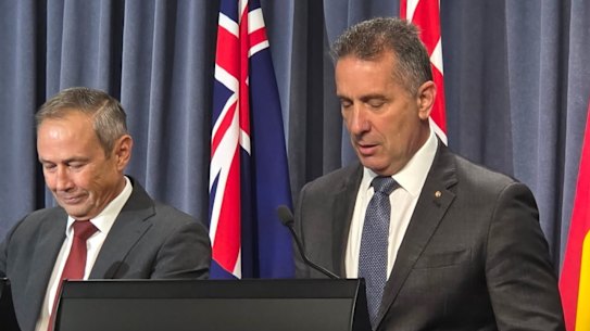 WA Premier Roger Cook and Corrective Services Minister Paul Papalia at the announcement of Papalia’s resignation on Monday afternoon.