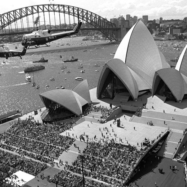 Crowds at the 1973 opening of the Sydney Opera House.  