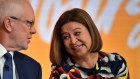 Michelle Guthrie with chairman turned nemesis Justin Milne in 2018.