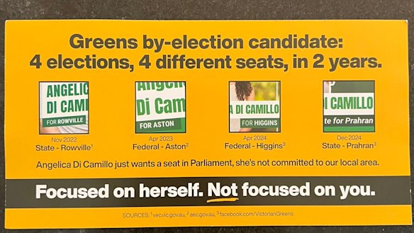 The Liberal Party has leafleted Prahran accusing Angelica Di Camillo from the Greens of being a serial candidate elsewhere.