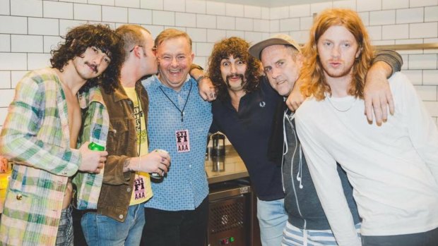 A Sticky Situation. Anthony Albanese poses with Sticky Fingers at the Enmore Theatre in 2016.
