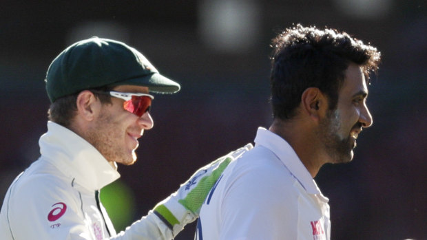 Tim Paine congratulates Ravi Ashwin after the Sydney Test. The pair had a heated exchange on the last day.