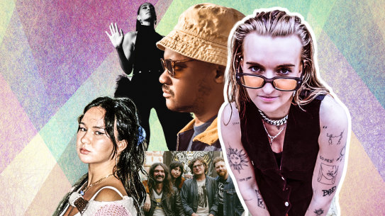 A composite image of (clockwise from left) Mallrat, Solange, Son Little, G Flip, and Caitlin Harnett and the Pony Boys