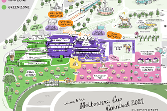The zones for attendees of the 2021 Melbourne Cup at Flemington.