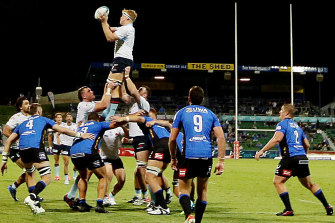 Hugh Sinclair wins a lineout for the Waratahs against the Force.