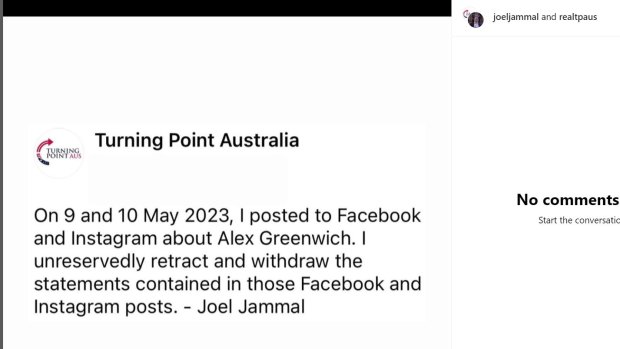 Joel Jammal and Turning Point Australia’s Instagram post retracting statements made about Alex Greenwich.