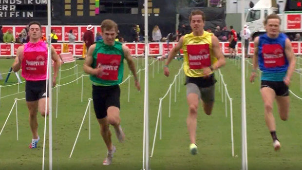 Harrison Kerr (second from the left in green) takes out the 2022 men’s Stawell Gift.