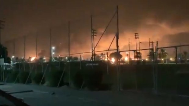 A screengrab from a video of the explosions in Buqyaq, Saudi Arabia, posted by a Saudi journalist.