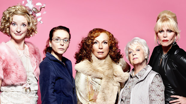 The cast of Absolutely Fabulous (L-R) Bubble (Jane Horrocks), Saffy (Julia Sawalha), Edina (Jennifer Saunders), Mother (June Whitfield) and Patsy (Joanna Lumley).