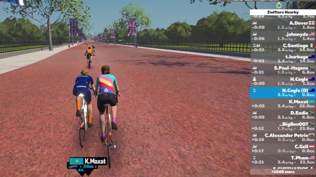 The Cogles' avatars on a Zwift screen during an indoor training ride. 