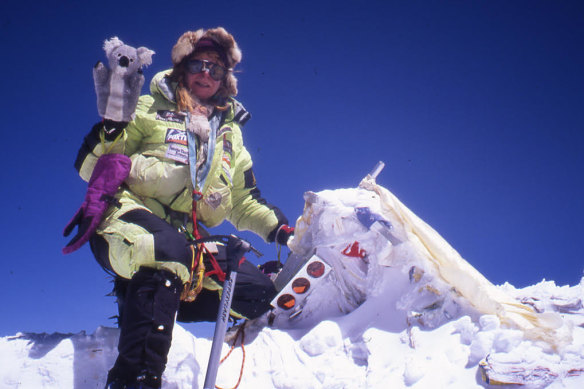 Brigitte Muir at the summit of Mount Everest with Sheila the koala in 1997.