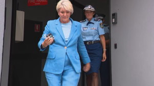 NSW Police Commissioner Karen Webb and Police Minister Yasmin Catley exit a meeting with Mardi Gras on Tuesday.