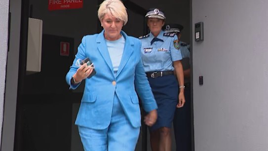 NSW Police Commissioner Karen Webb and Police Minister Yasmin Catley exit a meeting with Mardi Gras on Tuesday.