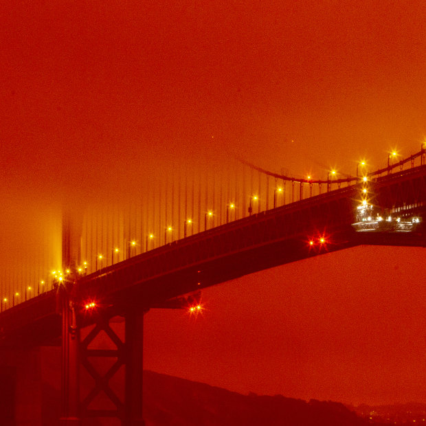California’s wildfires sent San Francisco’s Golden Gate Bridge into daytime darkness on September 9.