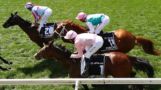 Jockey Hugh Bowman (in pink) on board Anthony Van Dyck in the Melbourne Cup.