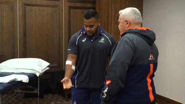 Taniela Tupou is patched up after he was robbed near the Wallabies team hotel in South Africa.