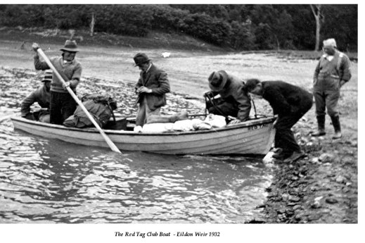Red Tag members and their boat at Eildon Weir, Victoria, in 1932.