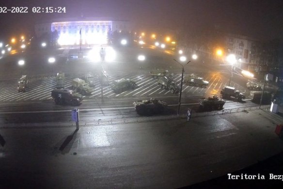 A CCTV footage shows Russian combat vehicles on the central square of Kherson in the southern Ukraine on March 2.