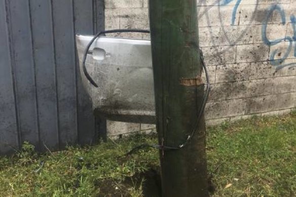 The car struck a pole. 