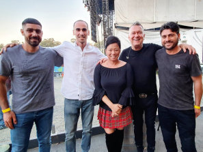 Farhad Bandesh (right) with friends Jamil Mirzaee and Moz Azimitabar, and Jane and Jimmy Barnes. The men attended a show at Rochford Winery at the personal invitation of the Barnes family.