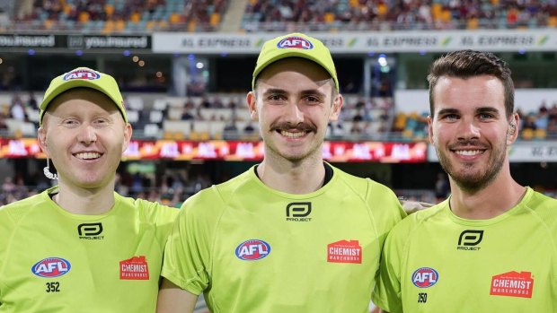 Left to right: AFL umpires Adam Bridges, Tom Sullivan and Jesse Baird