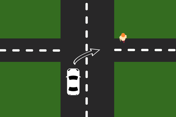 The driver must give way to pedestrians, cyclists and mobility scooters on side streets.