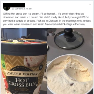 A Buy Nothing group member offers a bucket of ice cream with a  "couple of scoops" missing.