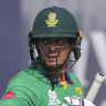 South Africa’s Quinton de Kock takes a stance, and a tumble