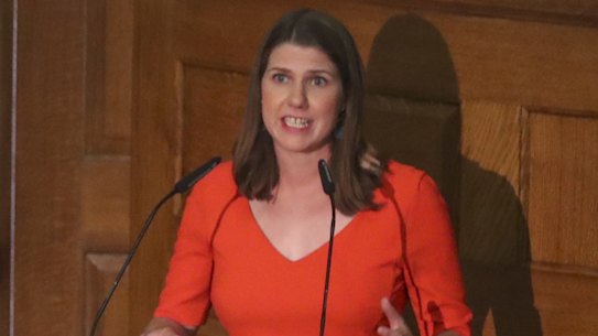 Jo Swinson, leader of the Liberal Democrats, right, speaks during the cross-party meeting.