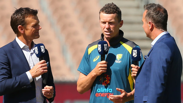 Over and out: Peter Siddle explain his decision to retire from international cricket in conversation with Adam Gilchrist (left) and Michael Vaughan.