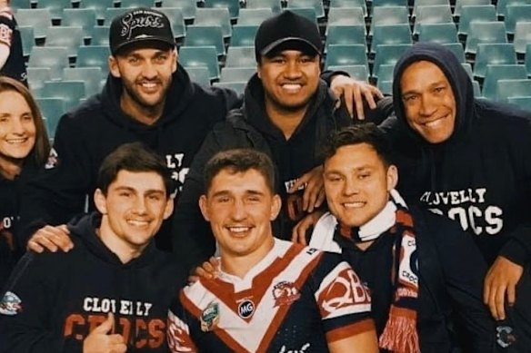 Victor Radley is joined by Lachie Lam (right) and Adrian Lam (hoodie) and Clovelly Crocodiles teammates at his 2017 NRL debut.