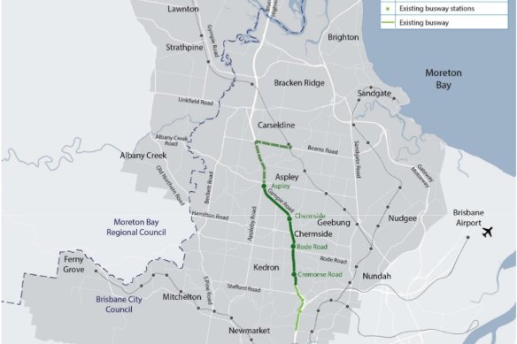 Part of the two-year North West Transport Corridor study is a new Bus Rapid Transit system along Gympie Road using the space saved by removing cars from the road space.
The green lines show the proposed new bus transit lines along Gympie Road, to the east of the proposed multi-billion North West Motorway tunnel.