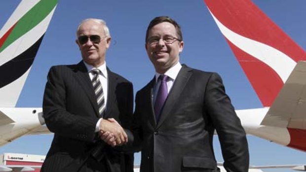 Tim Clark and Alan Joyce announcing the Emirates and Qantas partnership in 2012. 