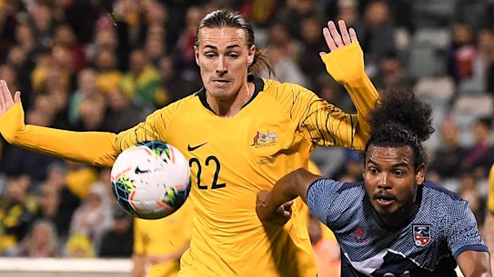 Jackson Irvine of Australia in action during qualifying against Nepal.