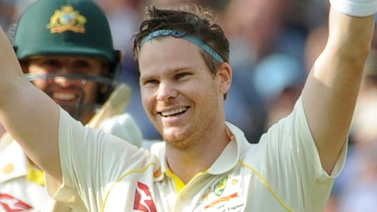 Steve Smith celebrates after scoring a century on his return to Test cricket.