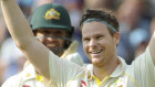 Steve Smith celebrates after scoring a century on his return to Test cricket.