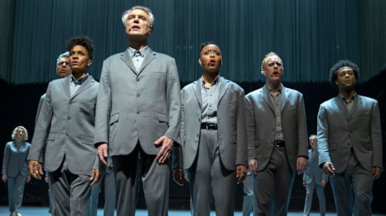 David Byrne, foreground, in a scene from American Utopia. 