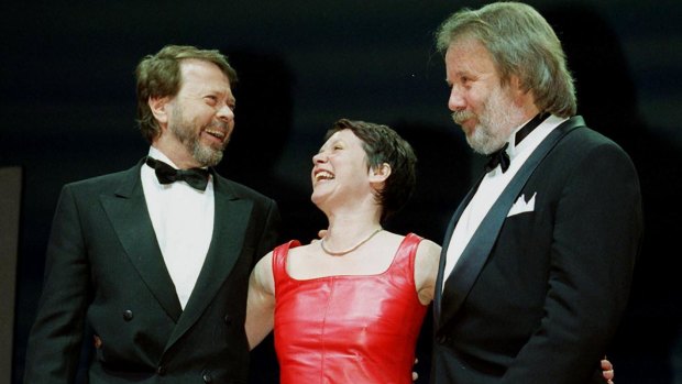 Former ABBA members Bjorn Ulvaeus, left, and Benny Andersson with actress Catherine Johnson at a performance of the musical Mamma Mia! in London.